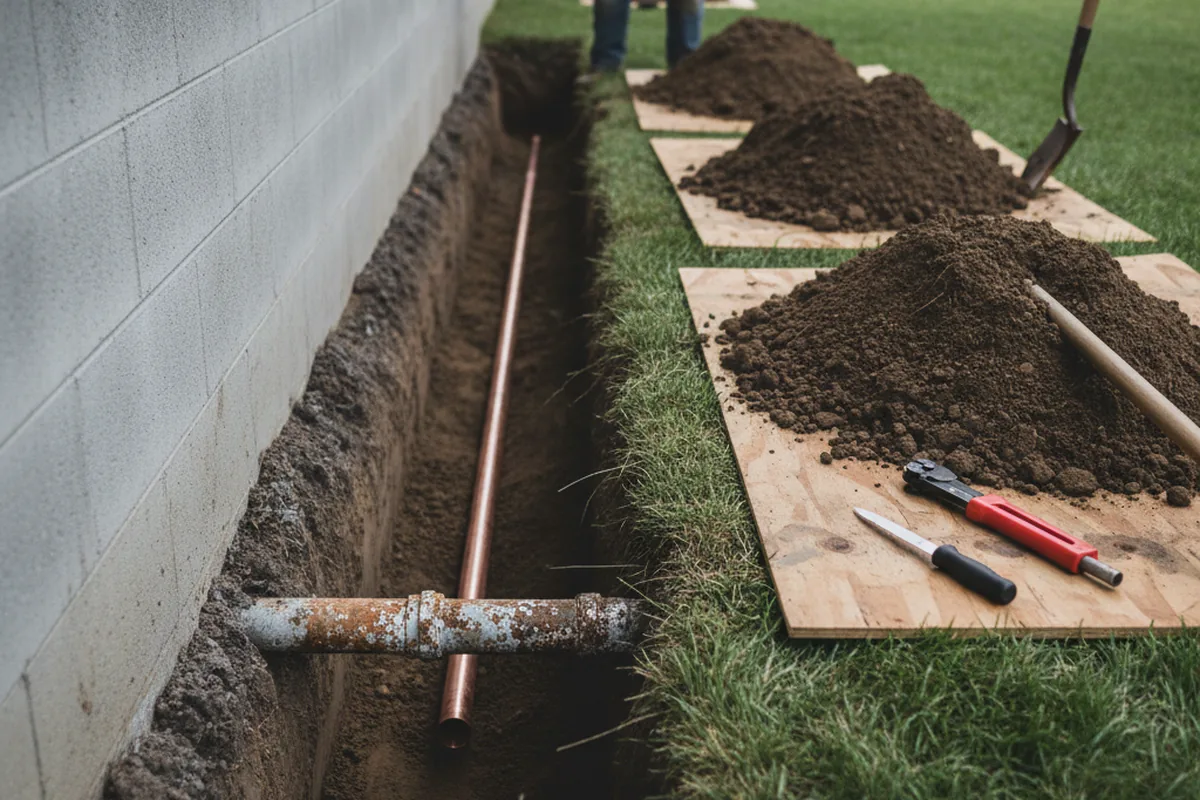 Excavated water line trench during Sewer Line Repair in Vincennes
